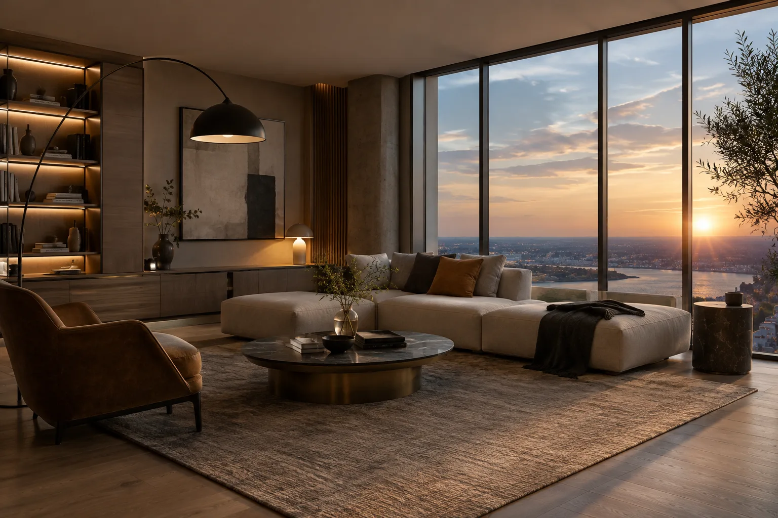 A contemporary interior render at sunset, with window lights glowing softly