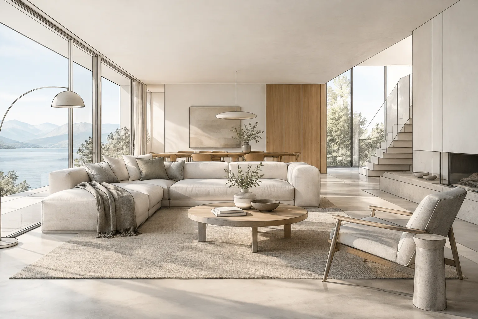 Modern iç mekân modelinde gerçekçi yüzeyler ve belirgin mimari kontur çizgileri