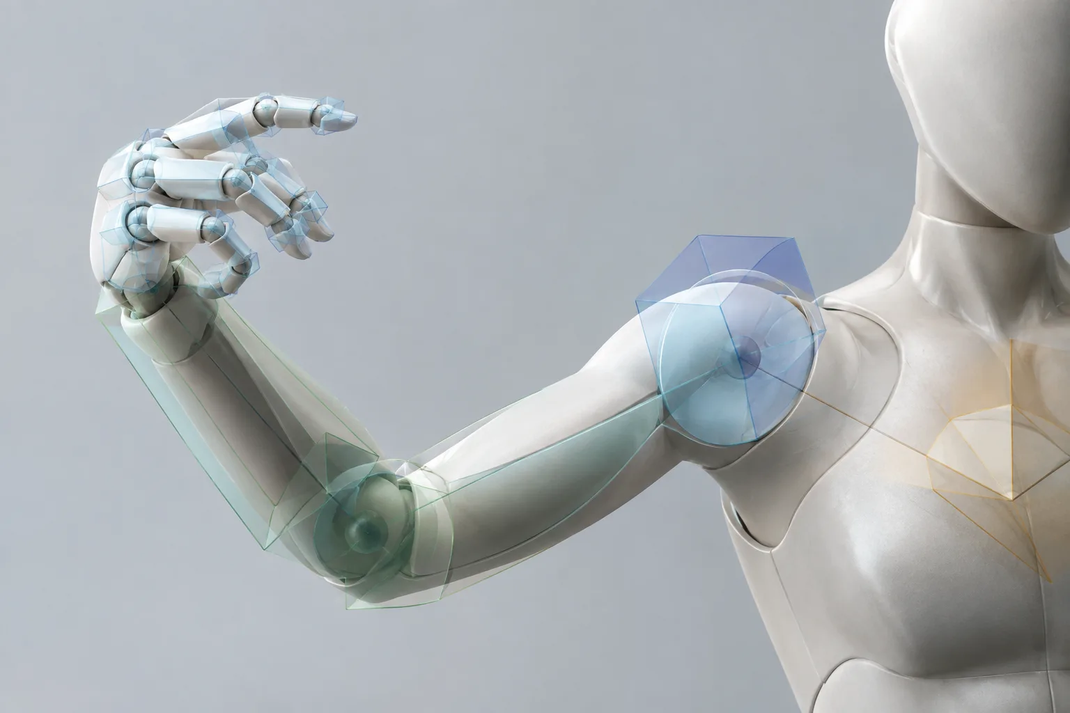 An articulated 3D figure in a studio setting, representing different poses and animated rig controls