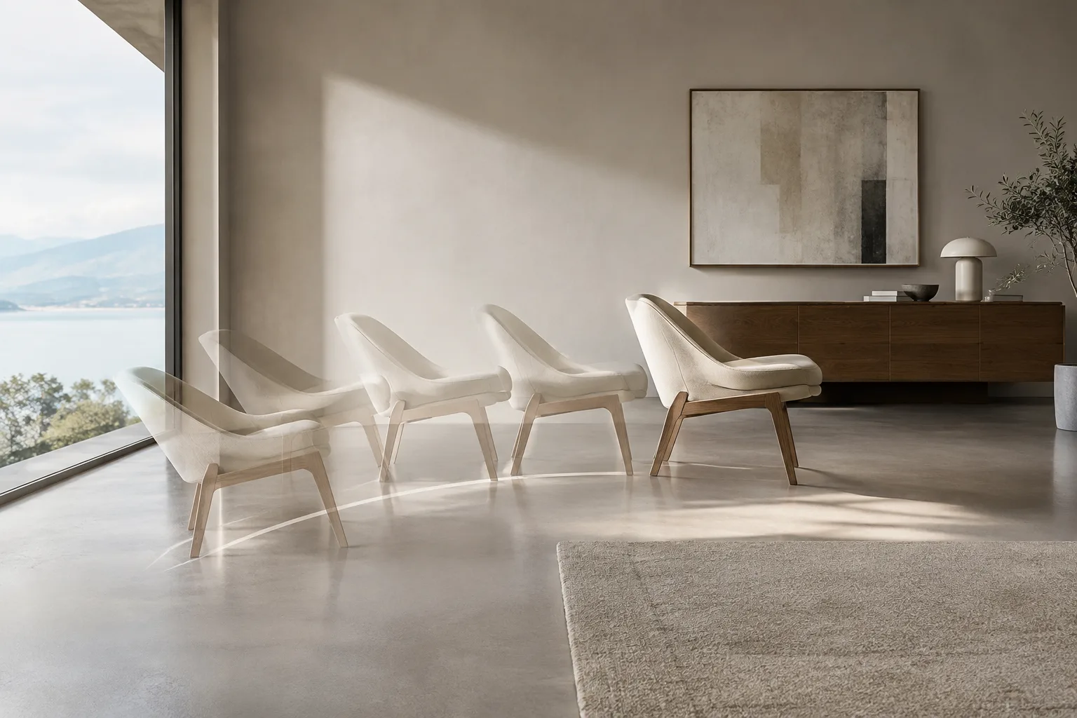Chaise dans un intérieur contemporain, avec ses positions affichées le long de sa trajectoire