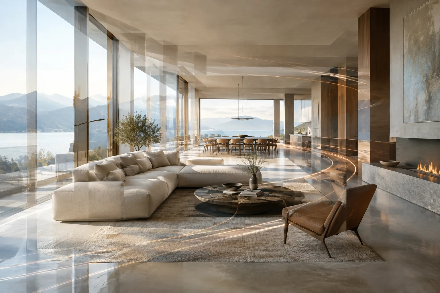 Visualisation d’un intérieur contemporain baigné de lumière naturelle, évoquant un mouvement de caméra en plusieurs couches