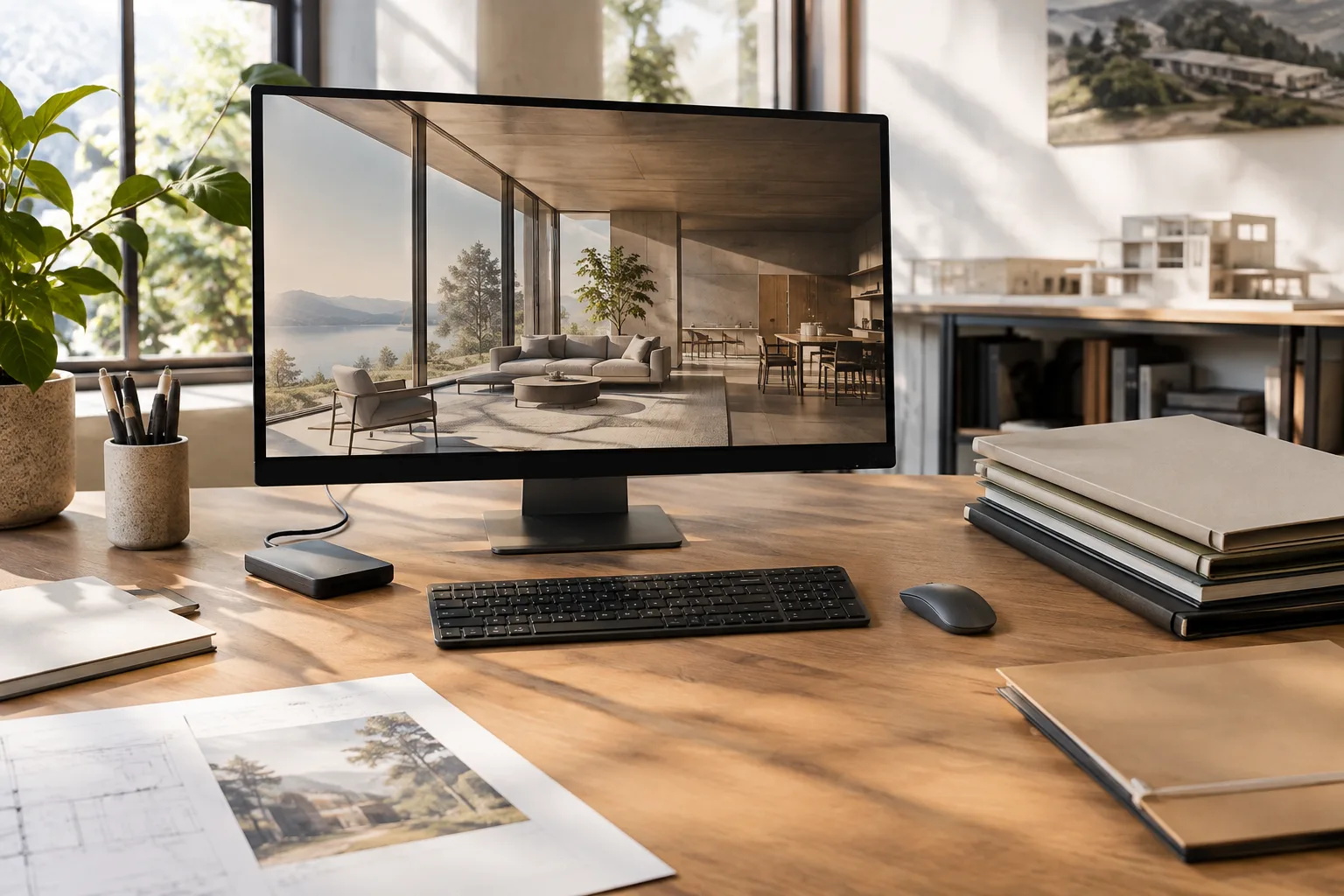 Architectural visualization and project archiving tools on an organized architecture desk