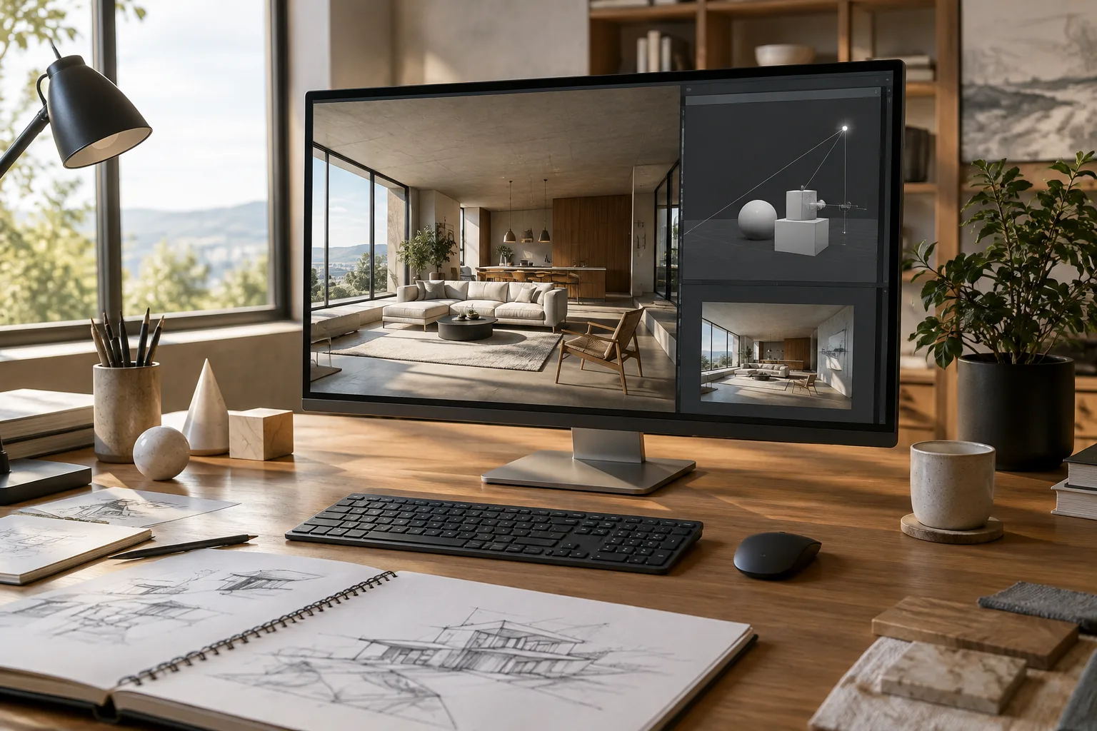 Blender sahnesinde iç mekân modeli ve noktasal ışıkla çalışan görselleştirme masası