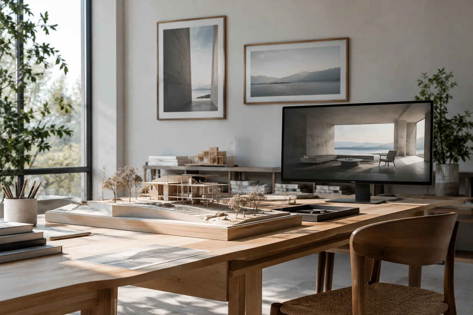Render çıktısı ölçülerini ve kadrajı değerlendiren mimari görselleştirme çalışma alanı