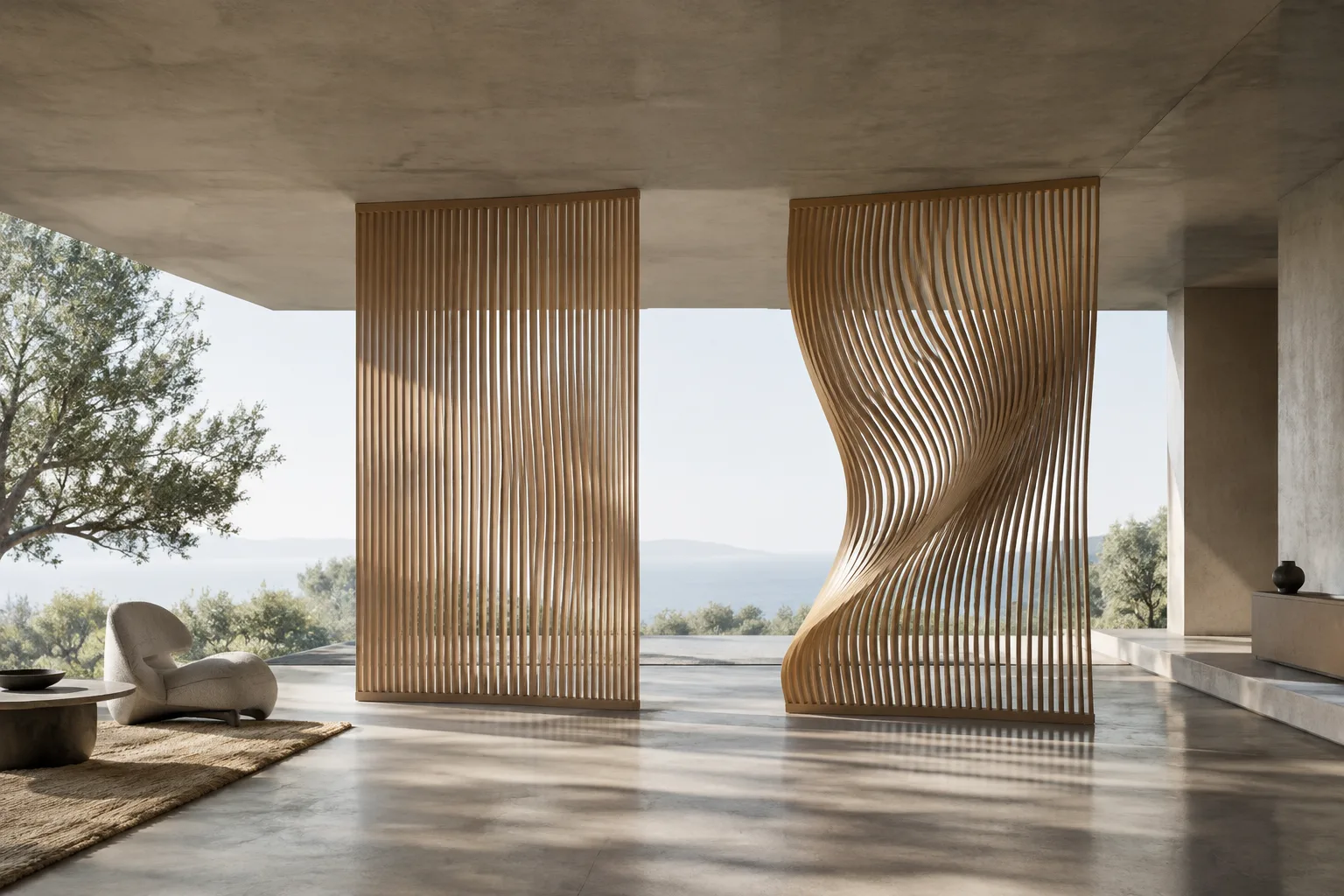 Contemporary interior pavilion with a movable wooden screen suggesting a change in shape
