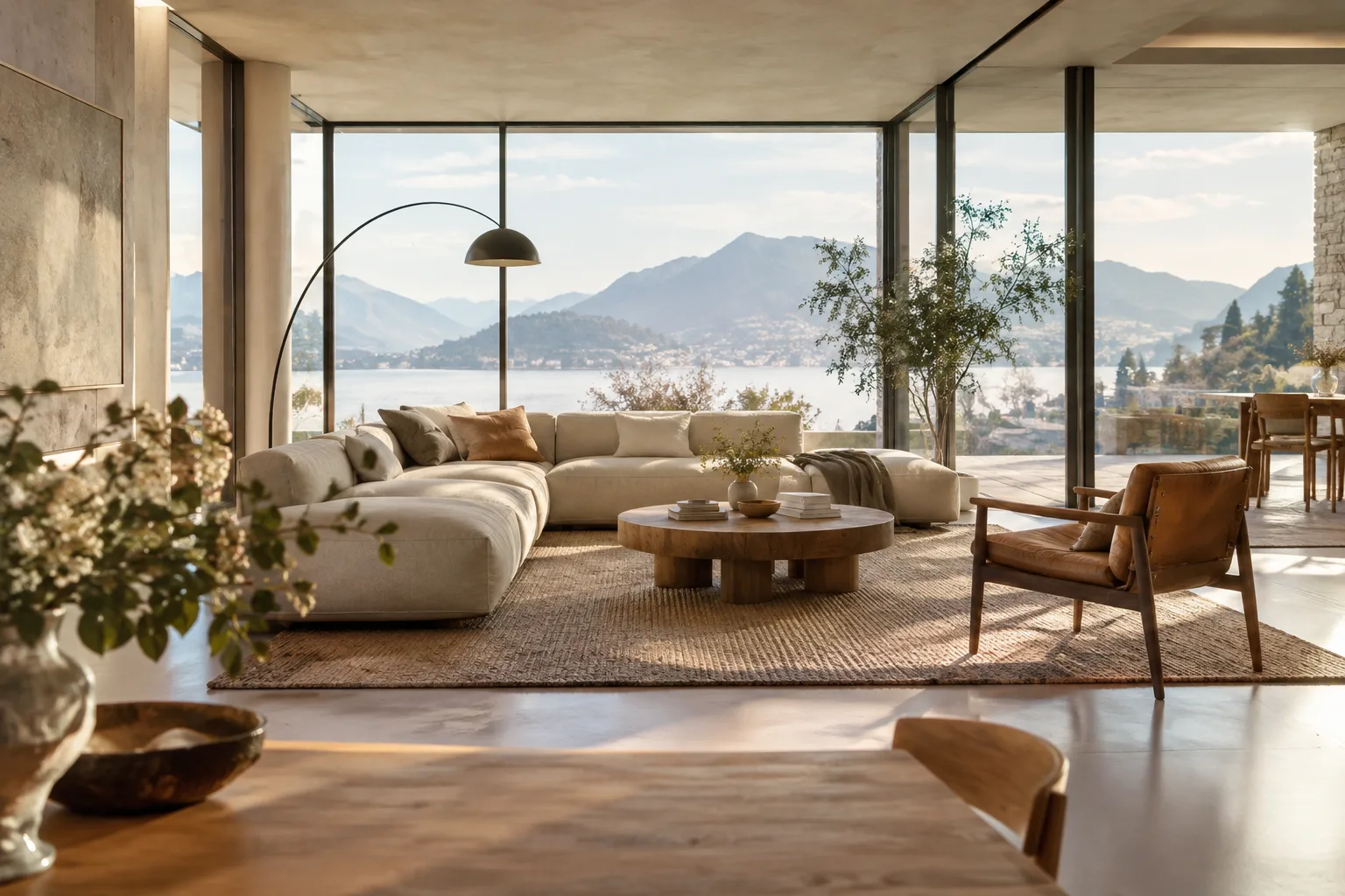 Katmanlı render yaklaşımını anlatan, gün ışıklı çağdaş iç mekân görselleştirmesi