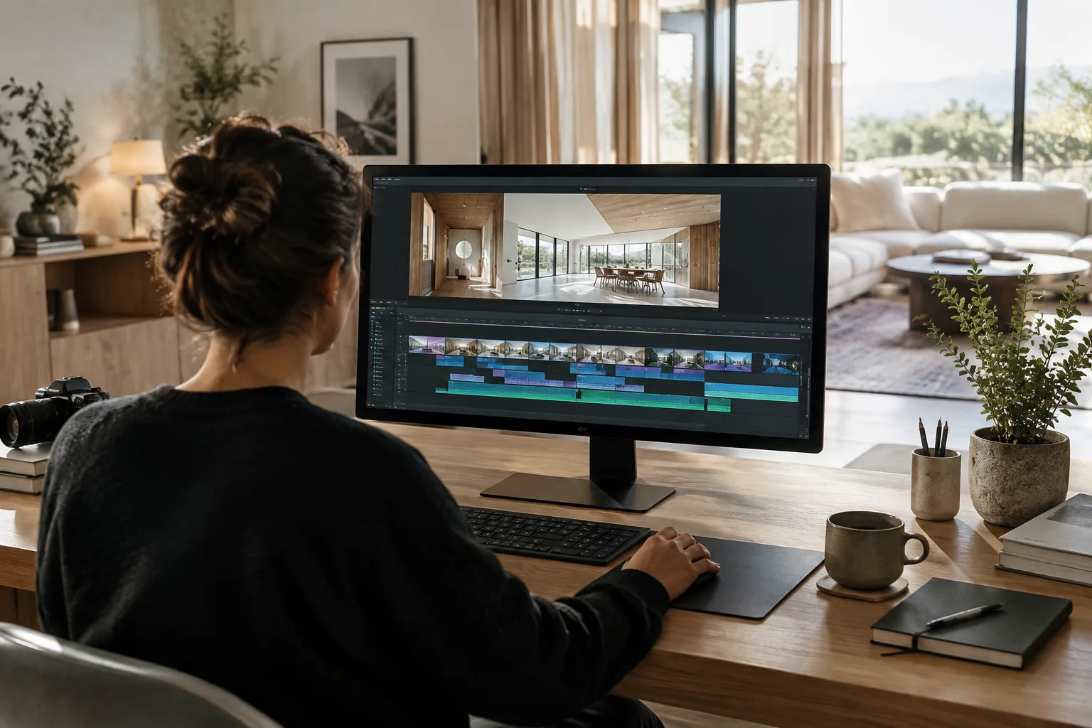 A clean, bright workspace where an architectural interior video is being edited
