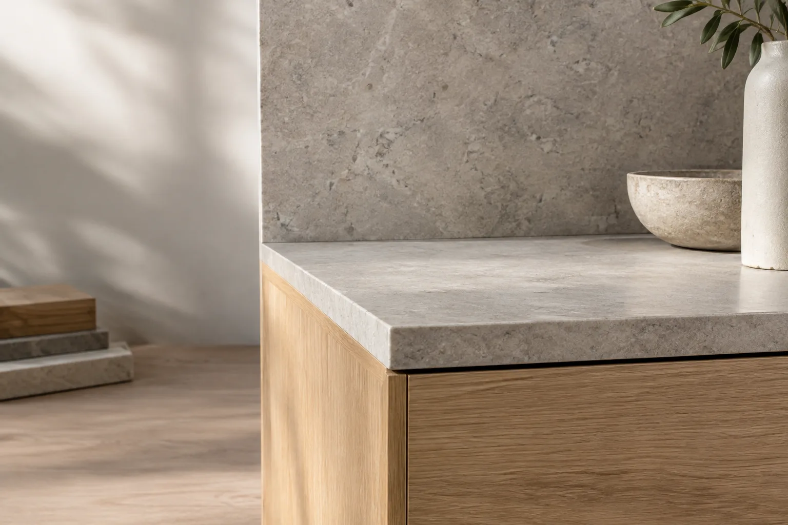 Doğal ışıkta kenar pahları belirgin minimalist bir iç mekân modelleme çalışması