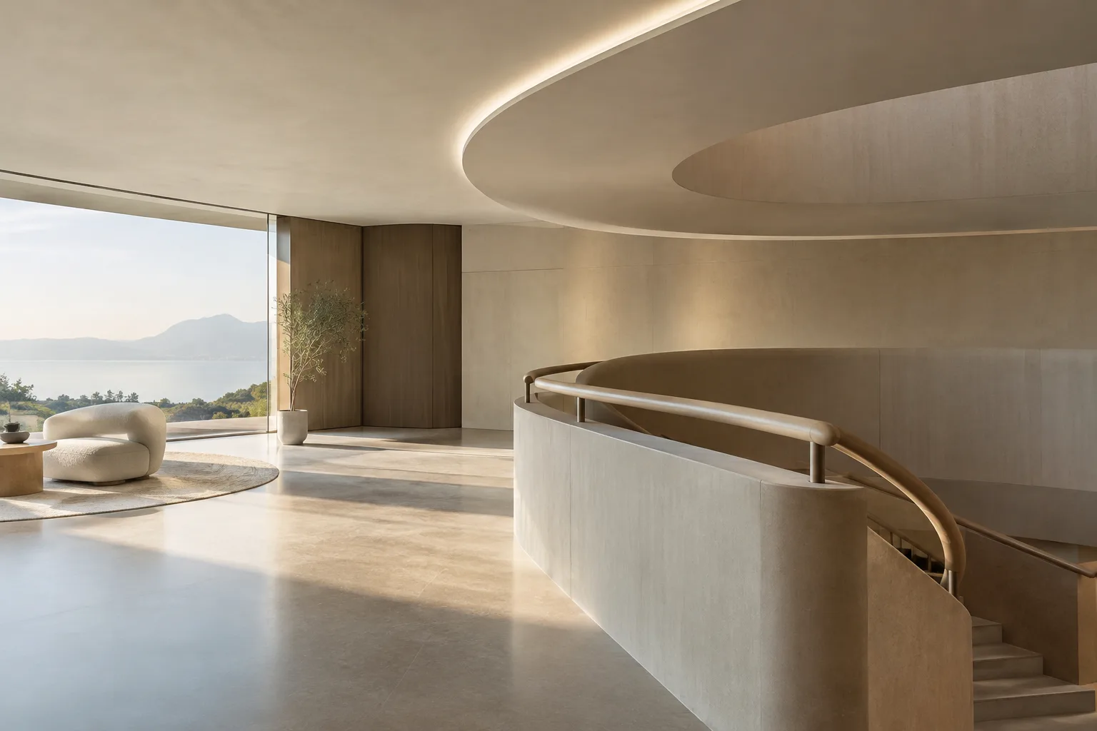 Curved pipe railing and ribbon-shaped ceiling detail in a contemporary interior