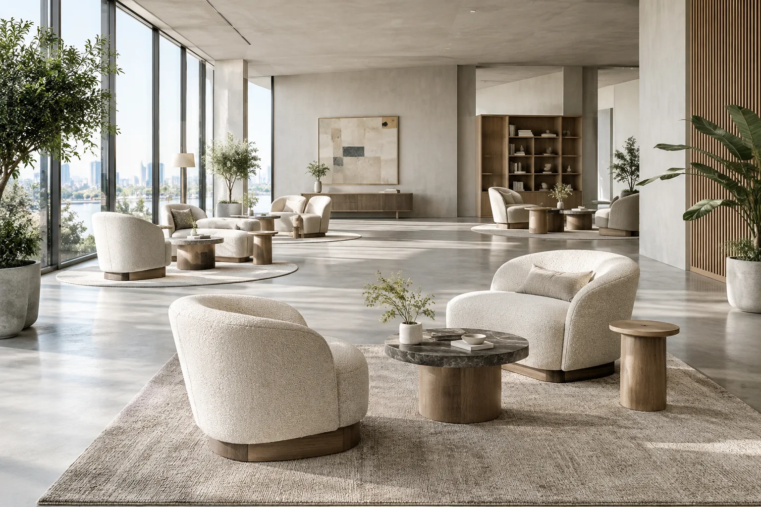 Scène d’archviz contemporaine organisée autour de groupes de sièges répétés