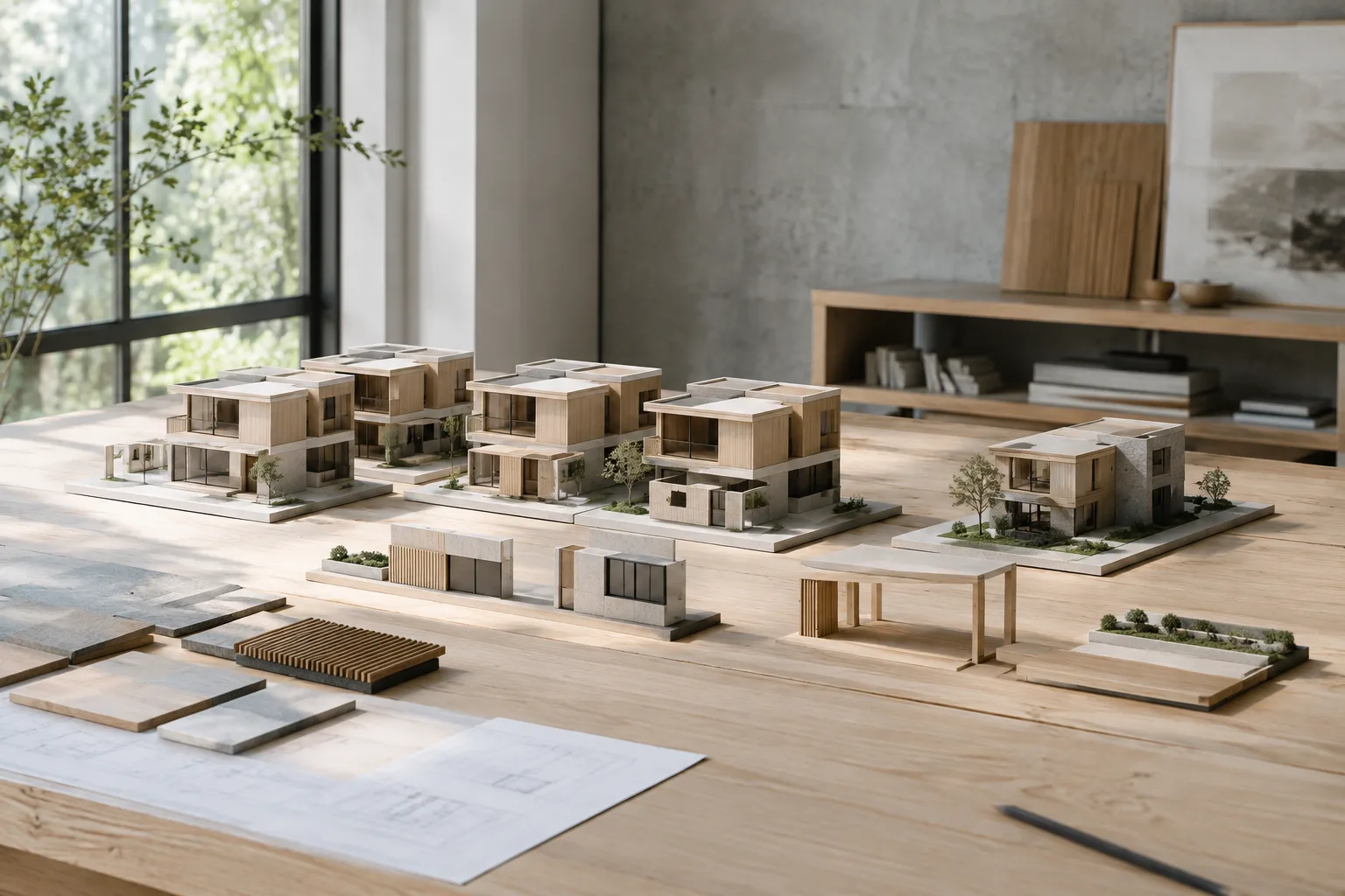 مجسمات على طاولة استوديو معماري تمثل مجموعات الأصول المشتركة وتنوعات التصميم المحلية