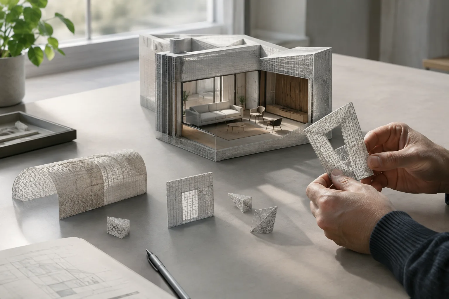 تكوين استوديو بسيط يعرض هندسة Mesh لنموذج مساحة داخلية معمارية