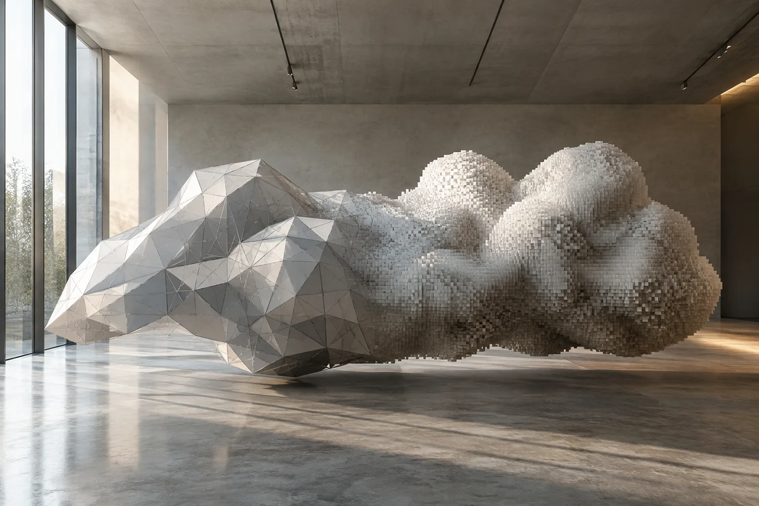 Eine Installation, die sich von scharfkantiger Mesh-Geometrie in eine volumetrische Wolkenform verwandelt
