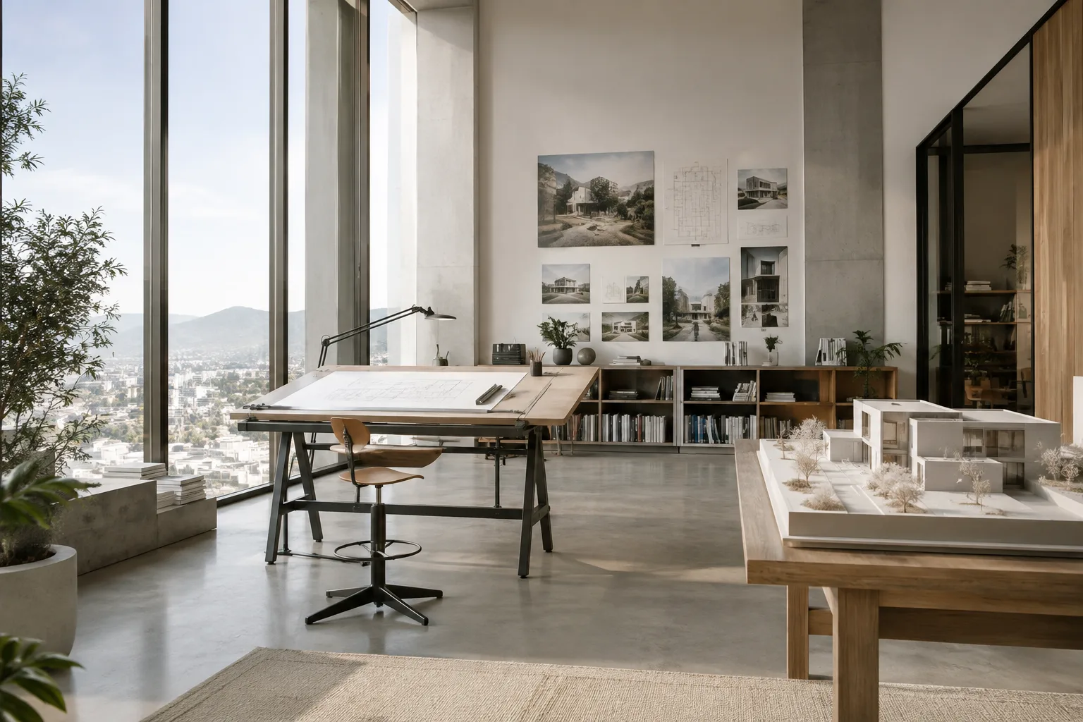 A contemporary architectural interior visualization with balanced perspective achieved through camera framing