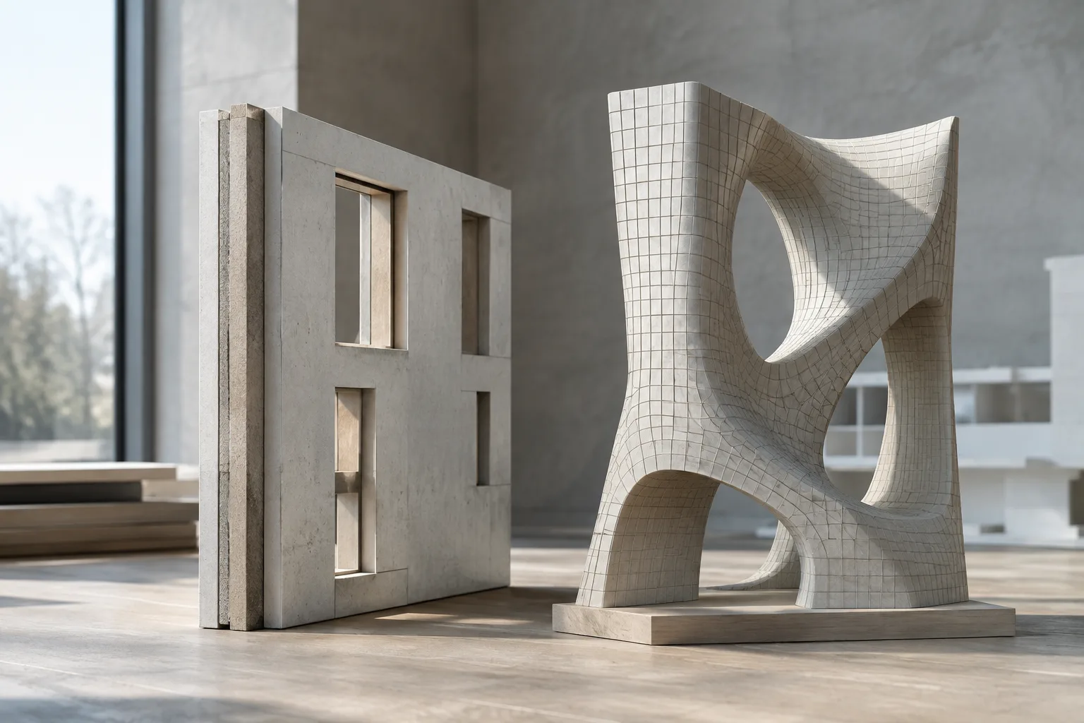 Architectural surface model with new topology beside a thickened wall panel