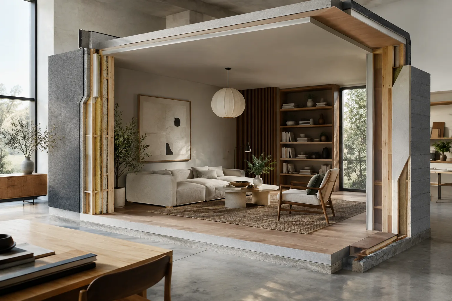 Mimari iç mekân modelinin kadraj ve kesit detaylarıyla gösterildiği görselleştirme
