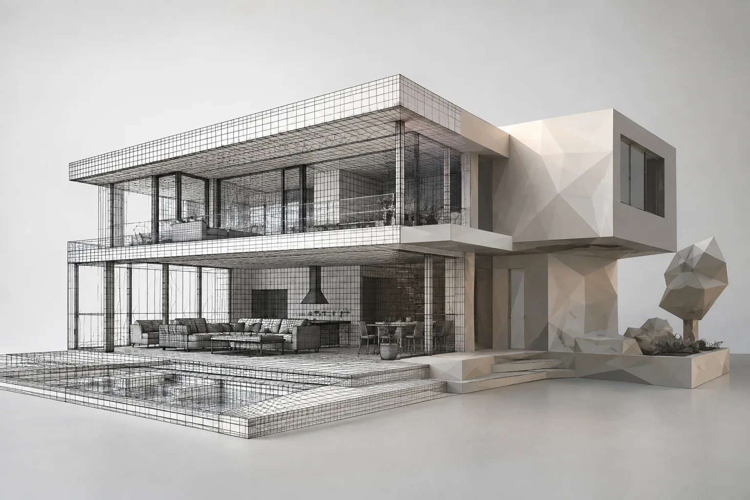 Der Übergang eines Meshes für einen architektonischen Innenraum von detaillierter Geometrie zu einer vereinfachten Form