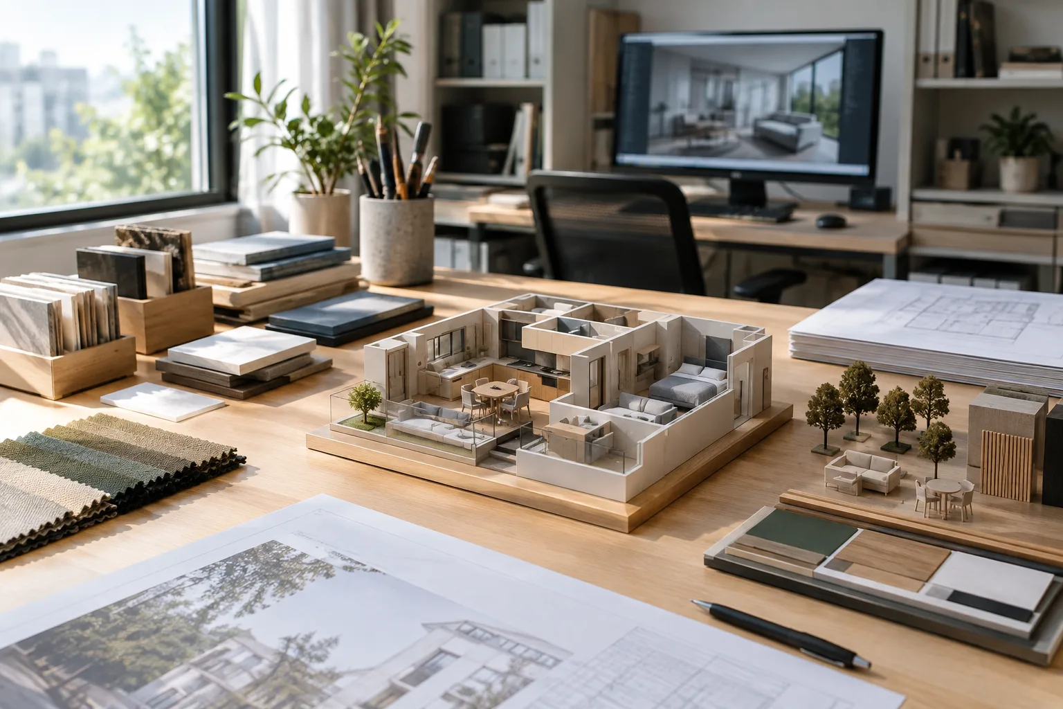مساحة عمل منظمة للتصور المعماري مع نموذج داخلي مجمّع