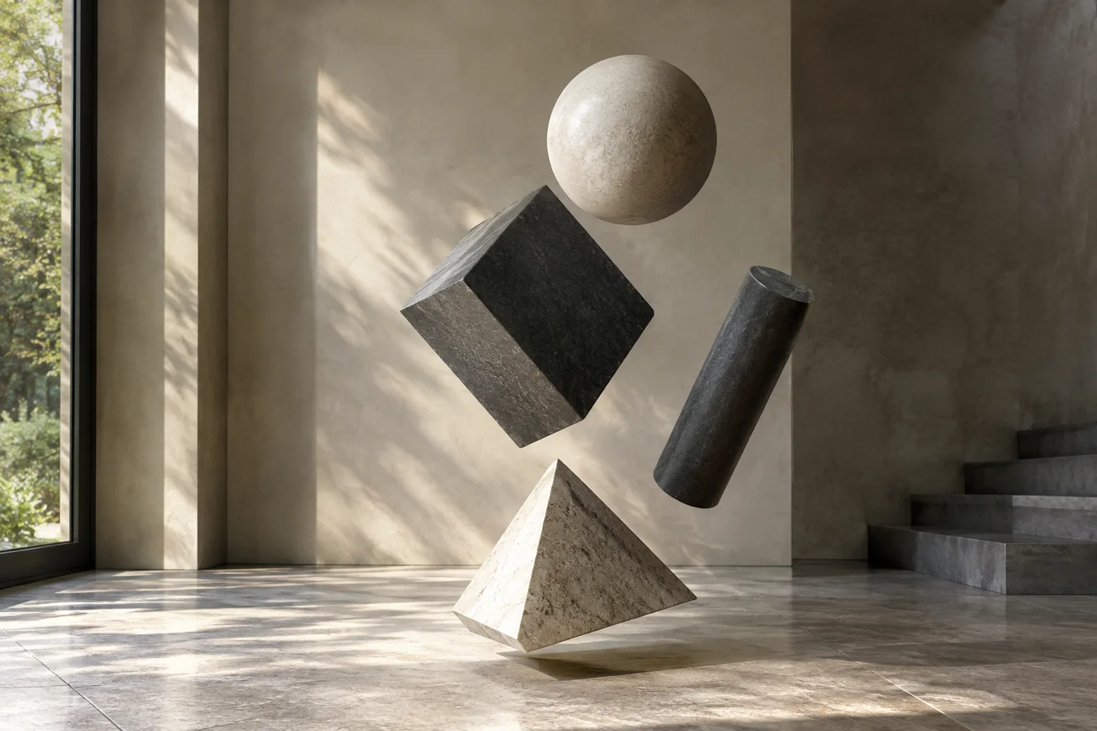 Objetos geométricos sólidos en movimiento cerca del suelo de un interior contemporáneo