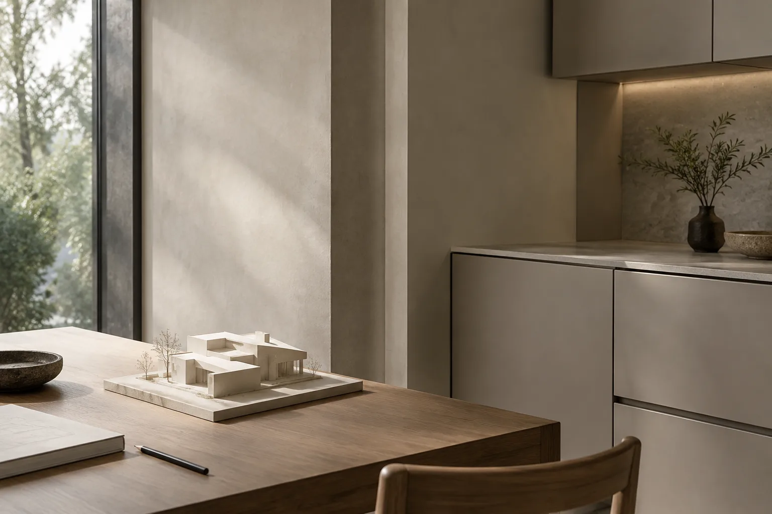Architectural interior showing a thick wall panel and beveled furniture edges