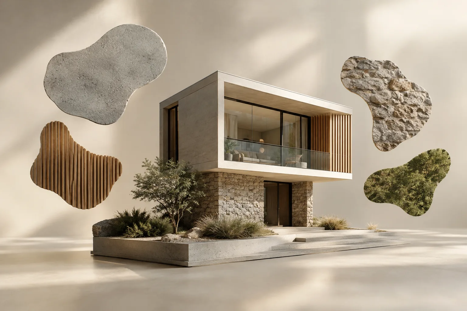 A layout evoking UV islands and baked surface information beside an architectural model