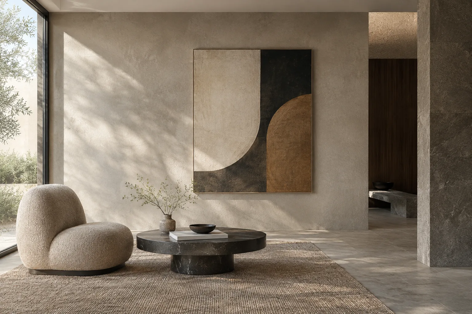 Ubicación controlada de texturas en las superficies de un interior contemporáneo con panel gráfico