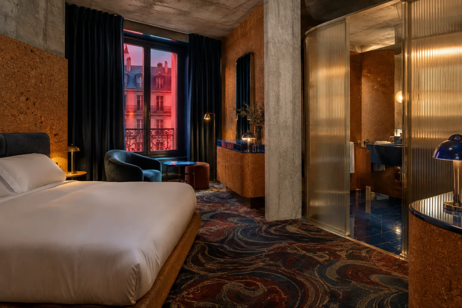 Paris hotel room designed with concrete, cork surfaces and patterned rugs