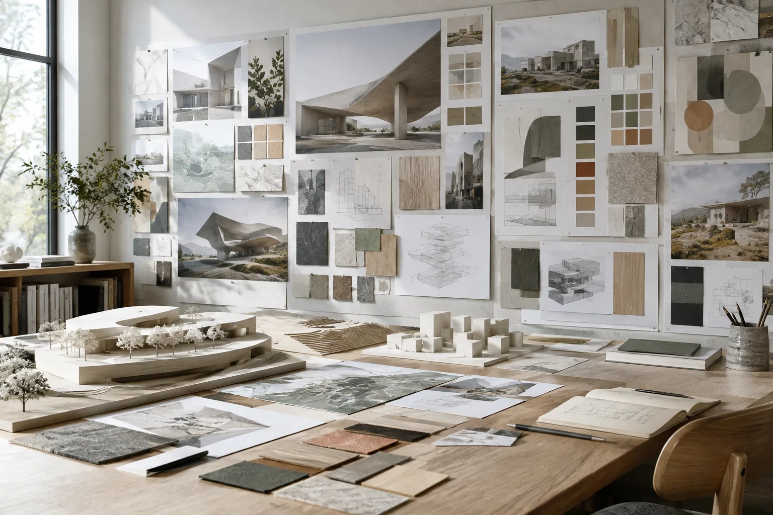 Studio de design lumineux avec des planches conceptuelles en calques et des maquettes architecturales