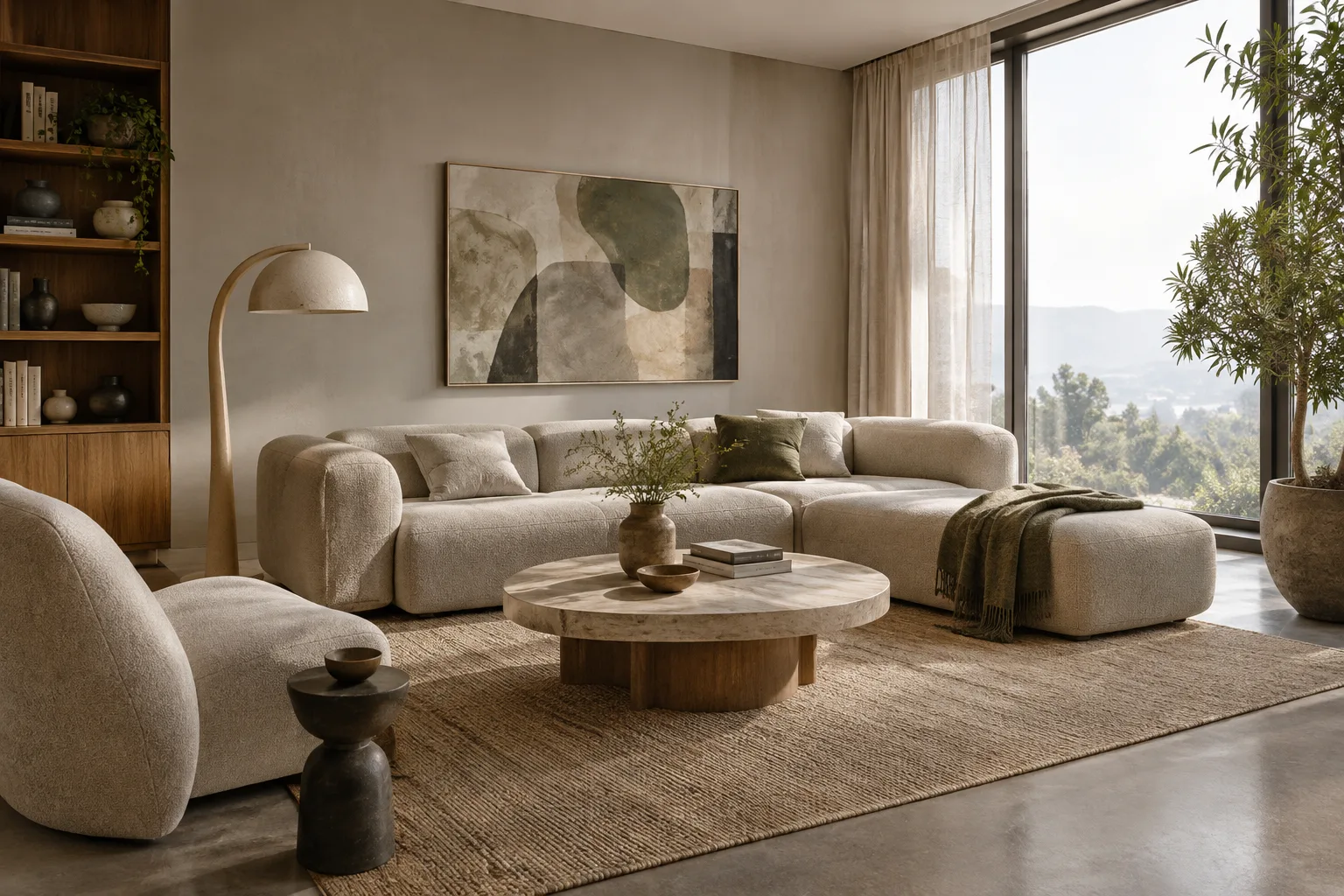 Contemporary interior visualization furnished with ready-made furniture, lighting and plants