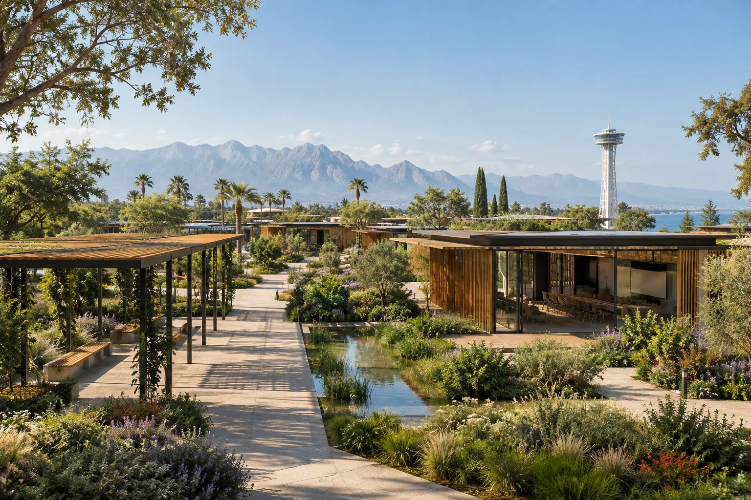 À Antalya, des structures modulaires pour la conférence au milieu d’espaces paysagers, avec une tour d’observation au loin