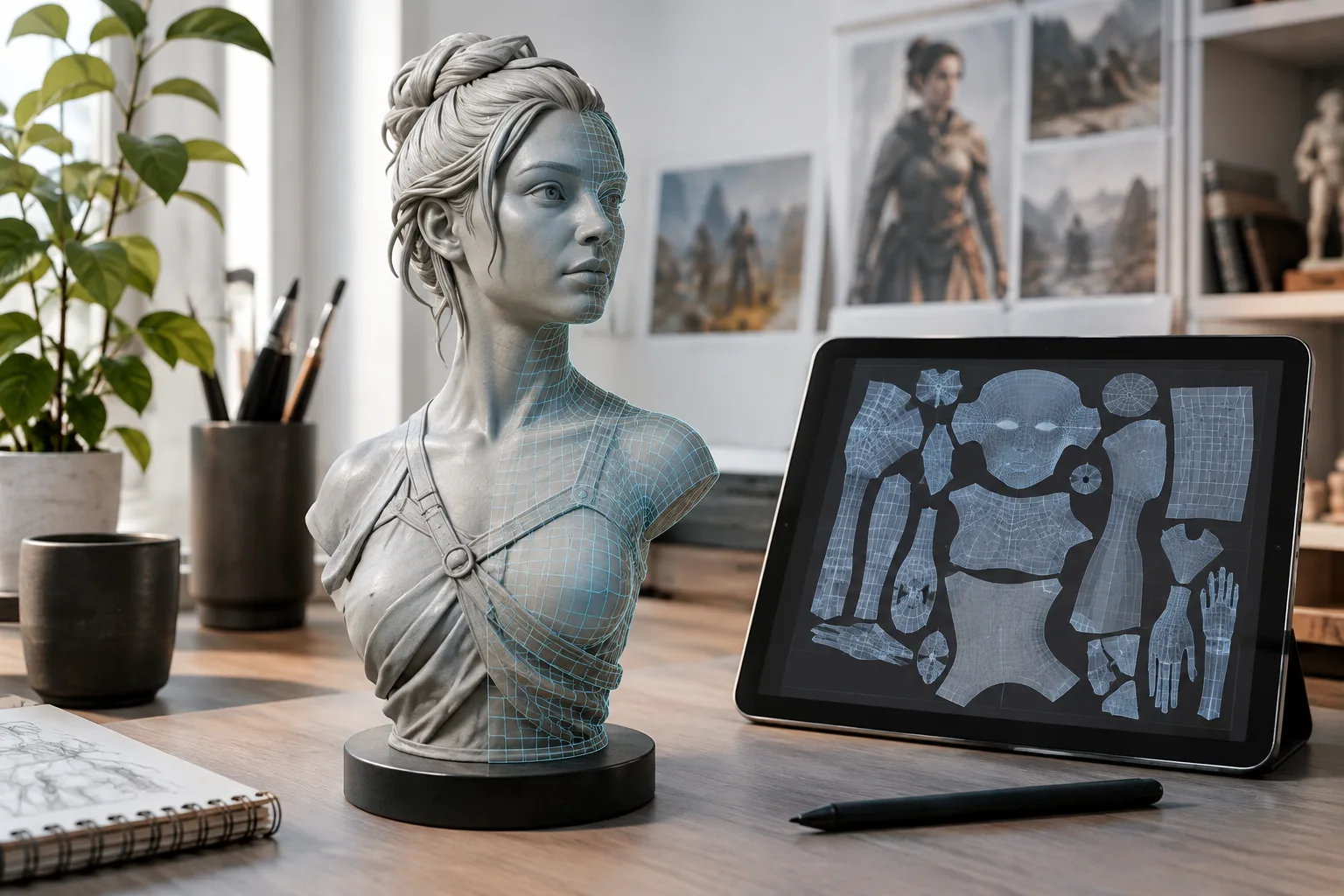 Tablette retopoloji kılavuzları çizilmiş 3D karakter modeli ve UV düzeni