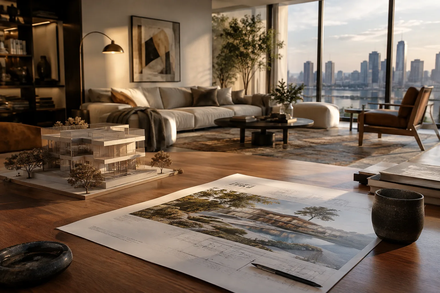 Visualización de un interior moderno con iluminación y reflejos en capas