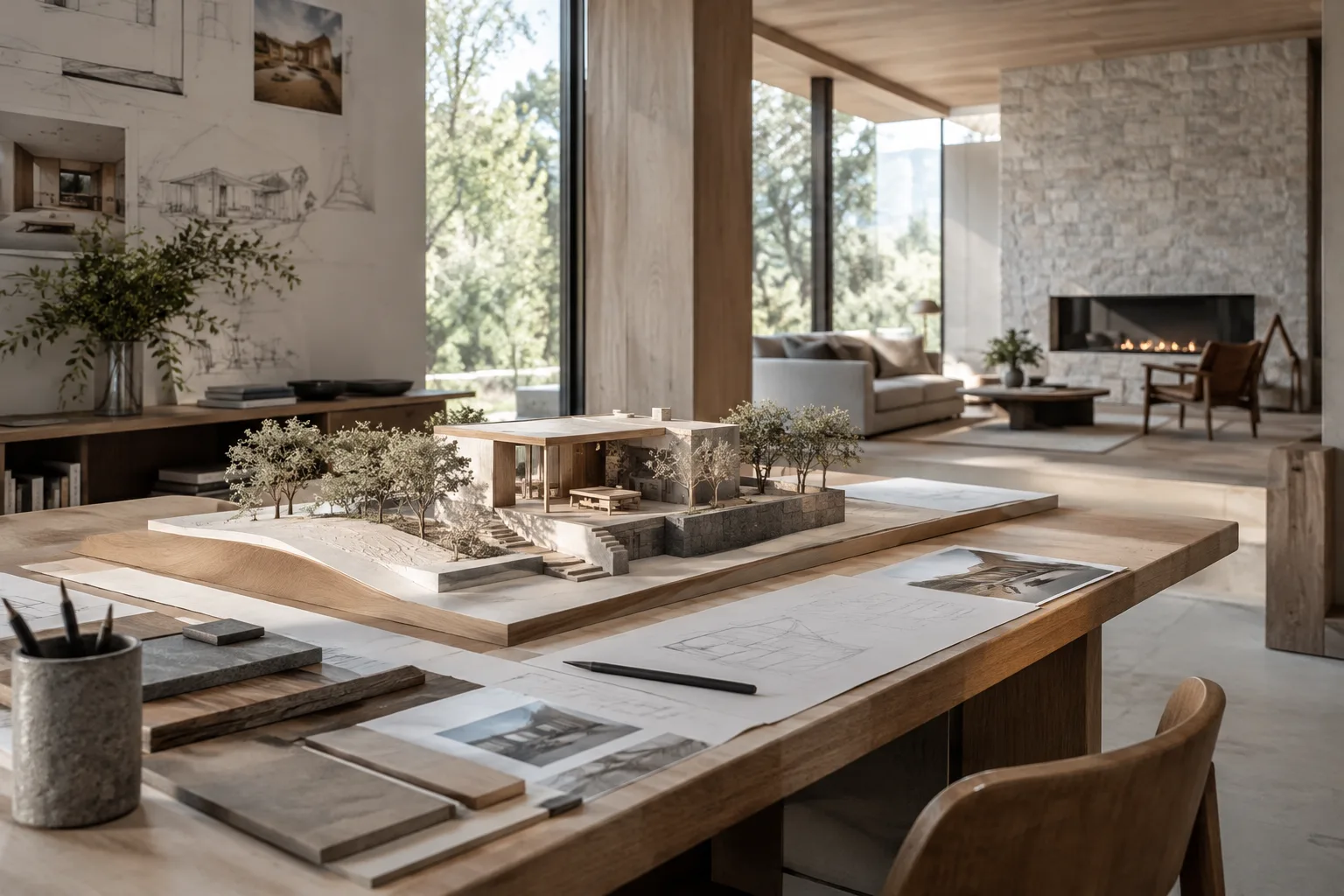 Contemporary interior design studio illustrating the transition from a SketchUp model to real-time visualization