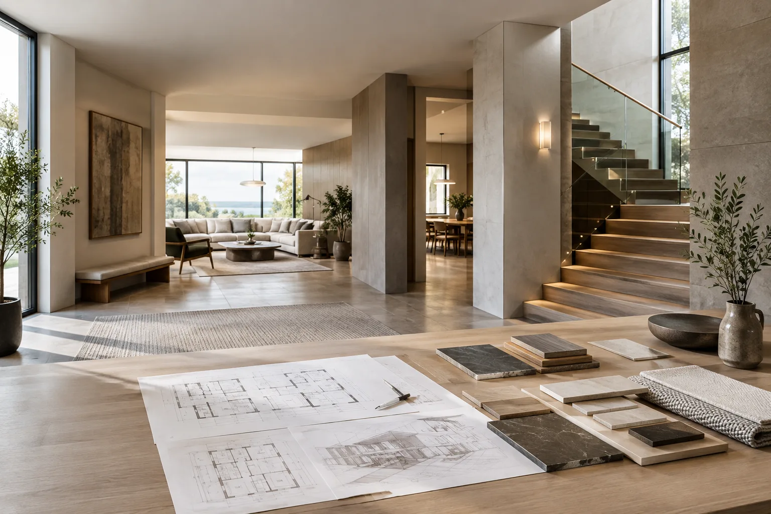 A contemporary virtual tour presentation combining a floor plan with different interior viewpoints