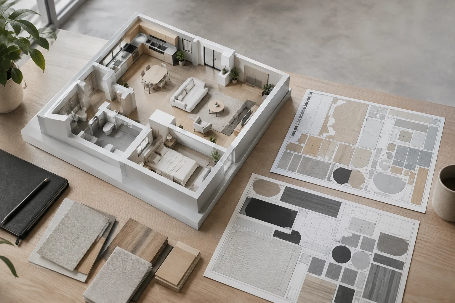 Contemporary interior model alongside an arranged UV map layout