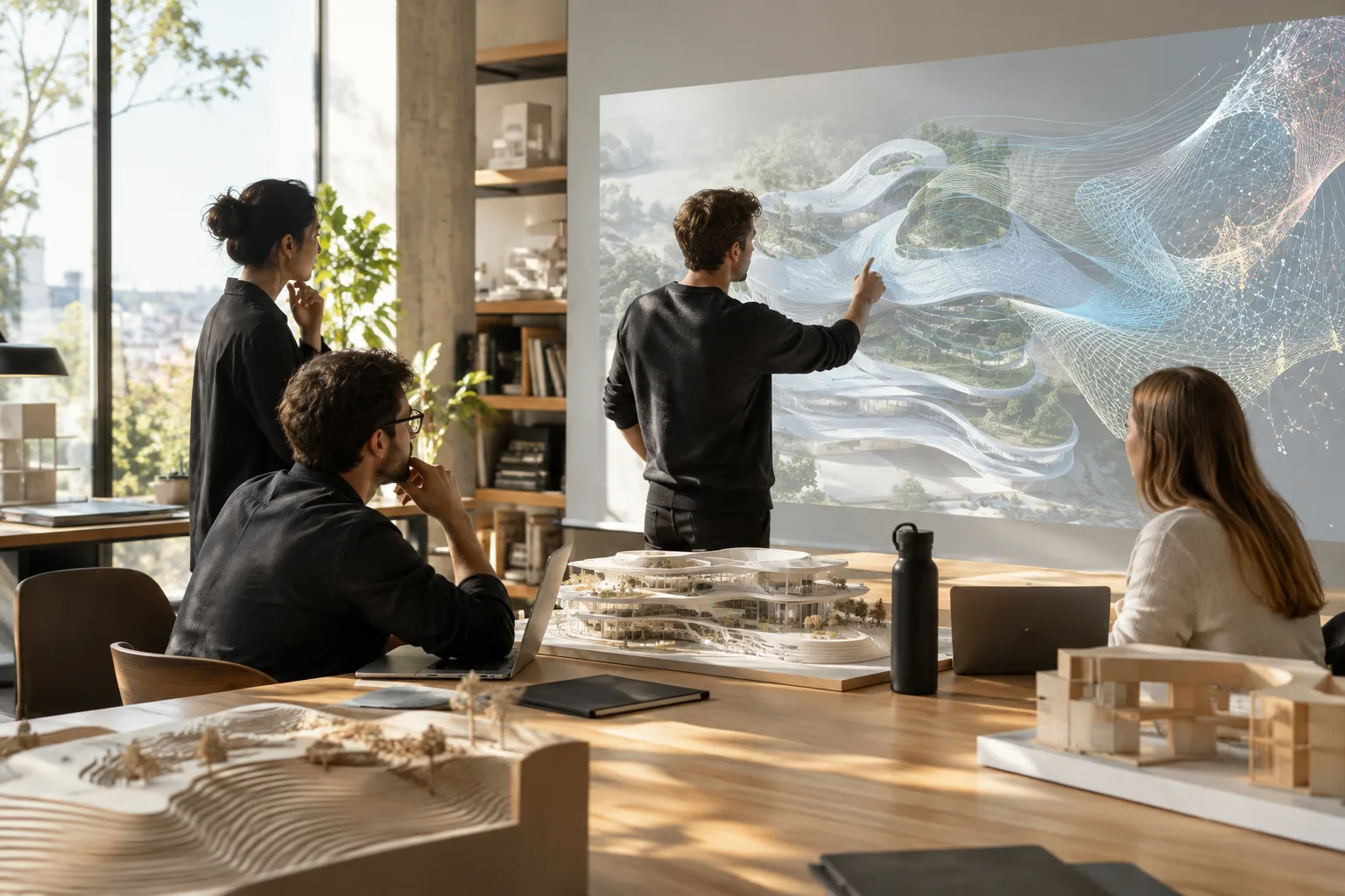 A design team working on a digital building model in an architecture studio