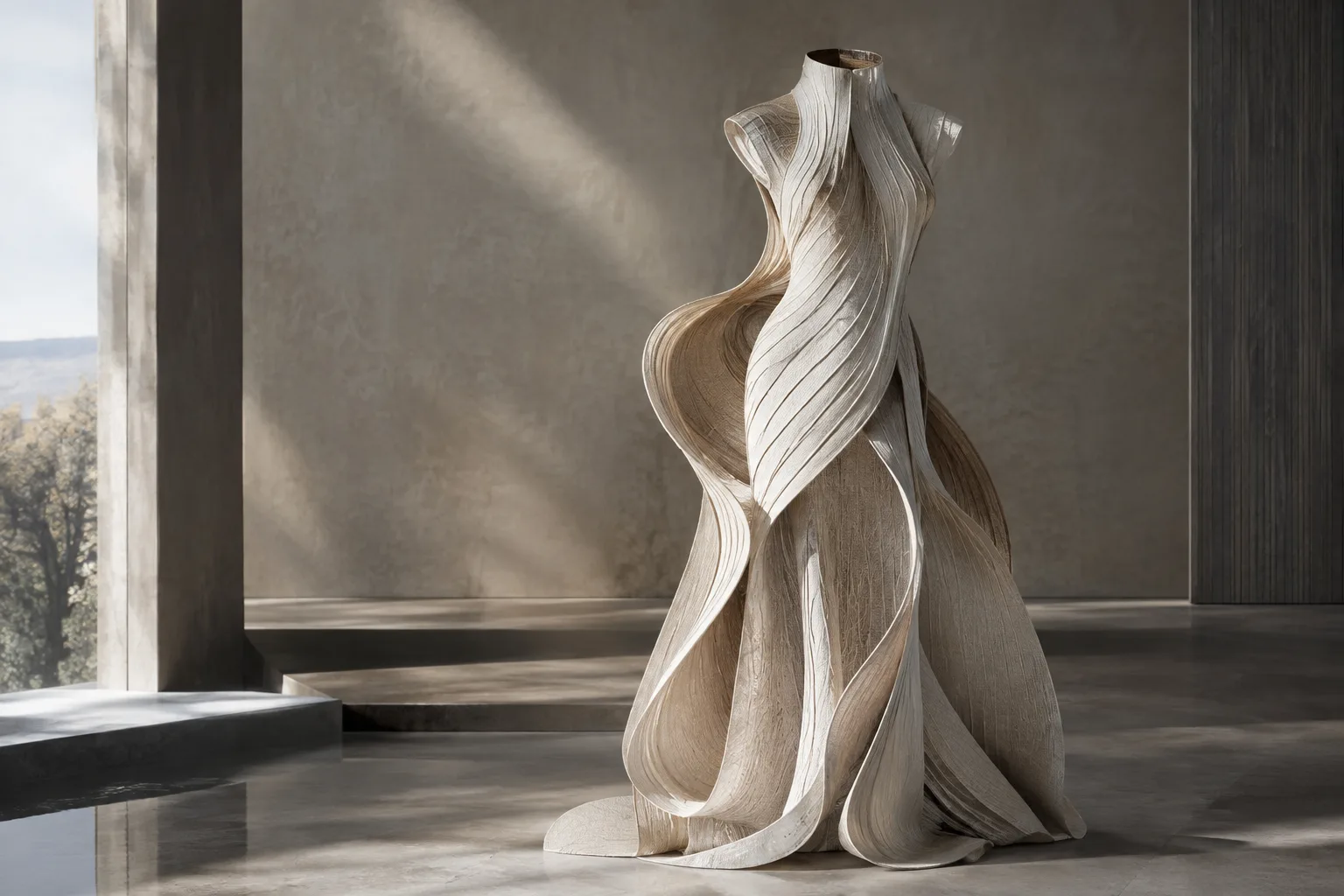A fabric garment with visible yarn-curve details displayed in an architectural interior