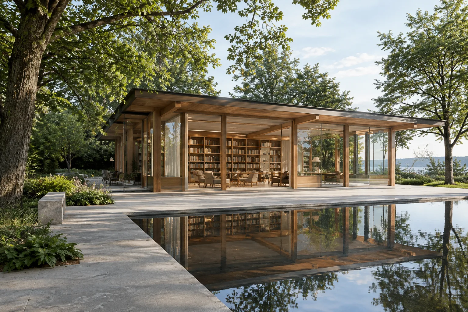 Pavillon de bibliothèque contemporain en bois et en verre, bassin réfléchissant et lumière matinale