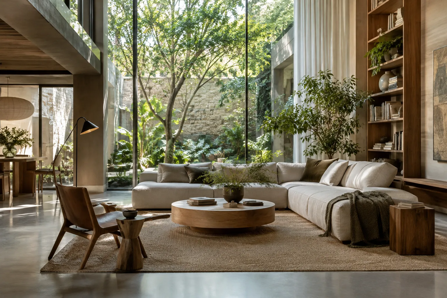 A contemporary interior filled with daylight, with a green courtyard visible beyond the glass