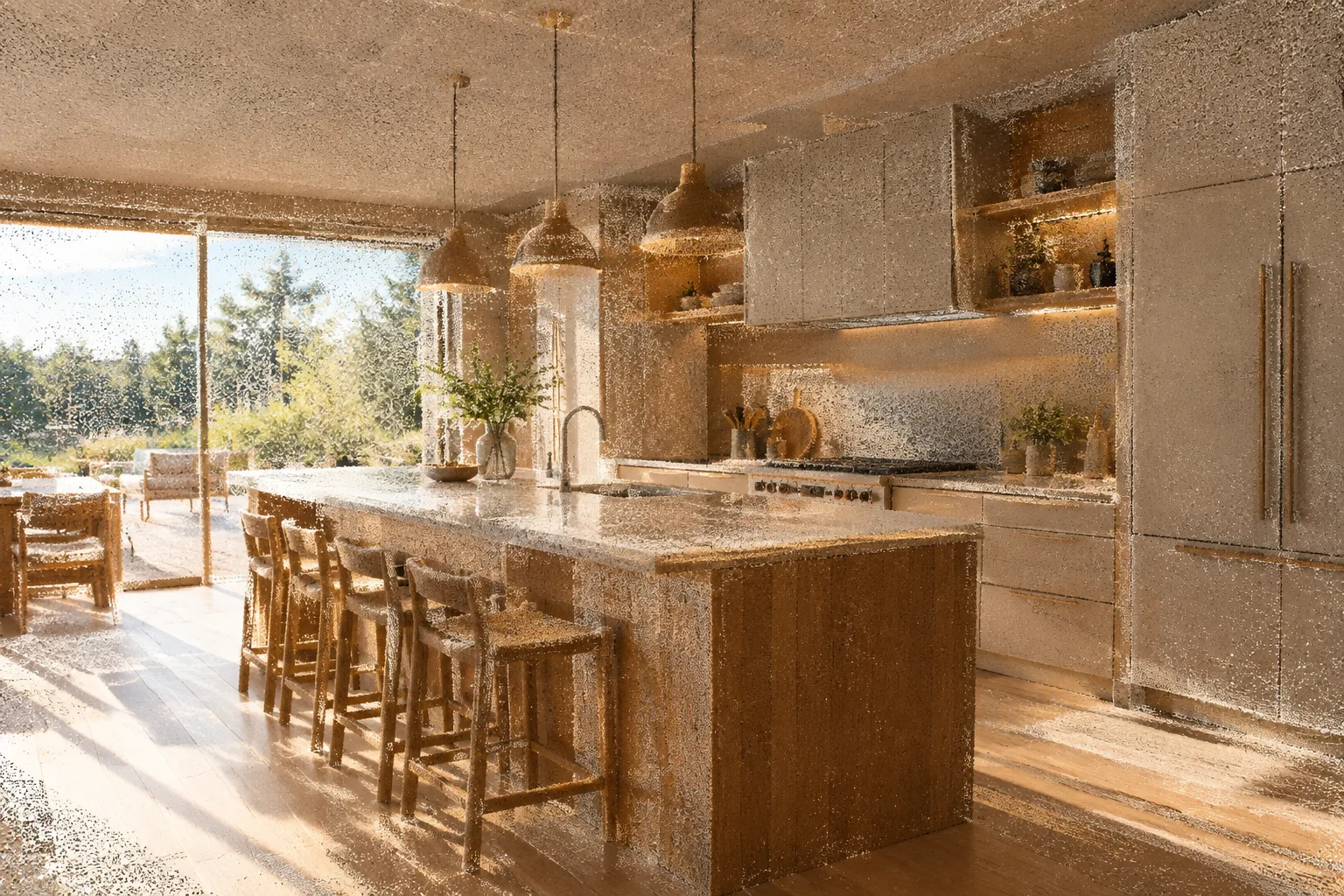 Scène d'intérieur de cuisine moderne rendue avec une texture en nuage de points