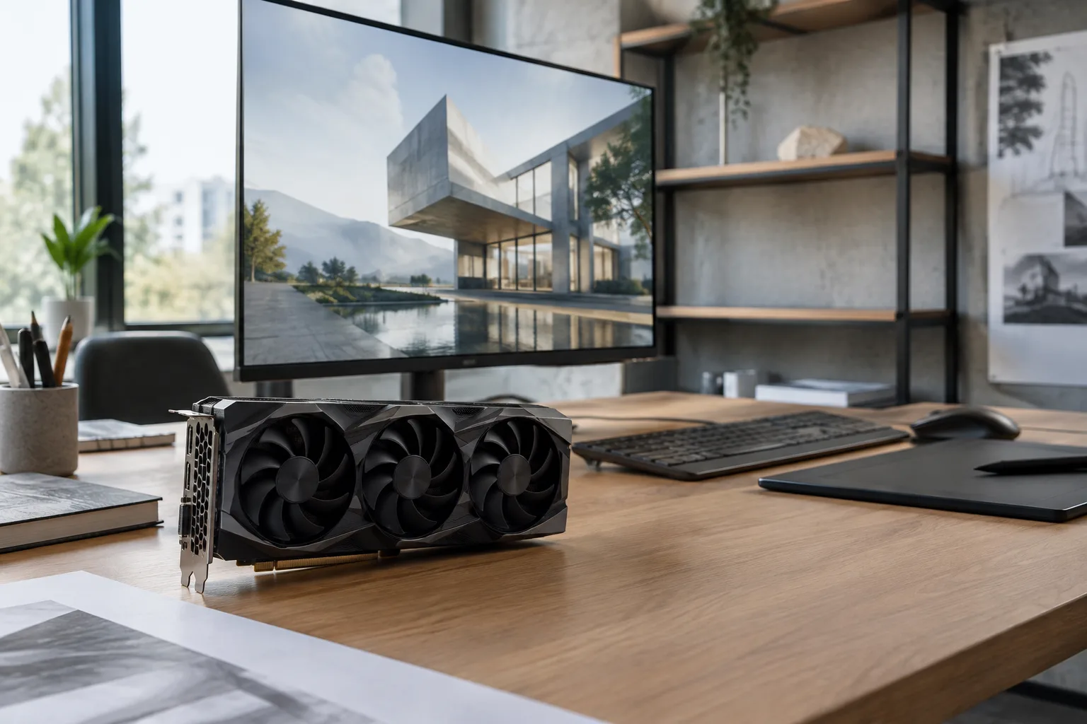 Station de travail et carte graphique dans un studio de visualisation architecturale