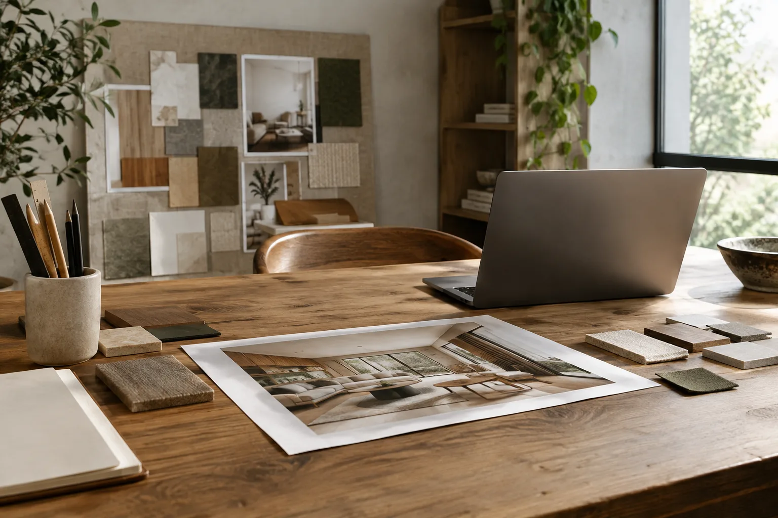 Interior design worktable set up for architectural image analysis