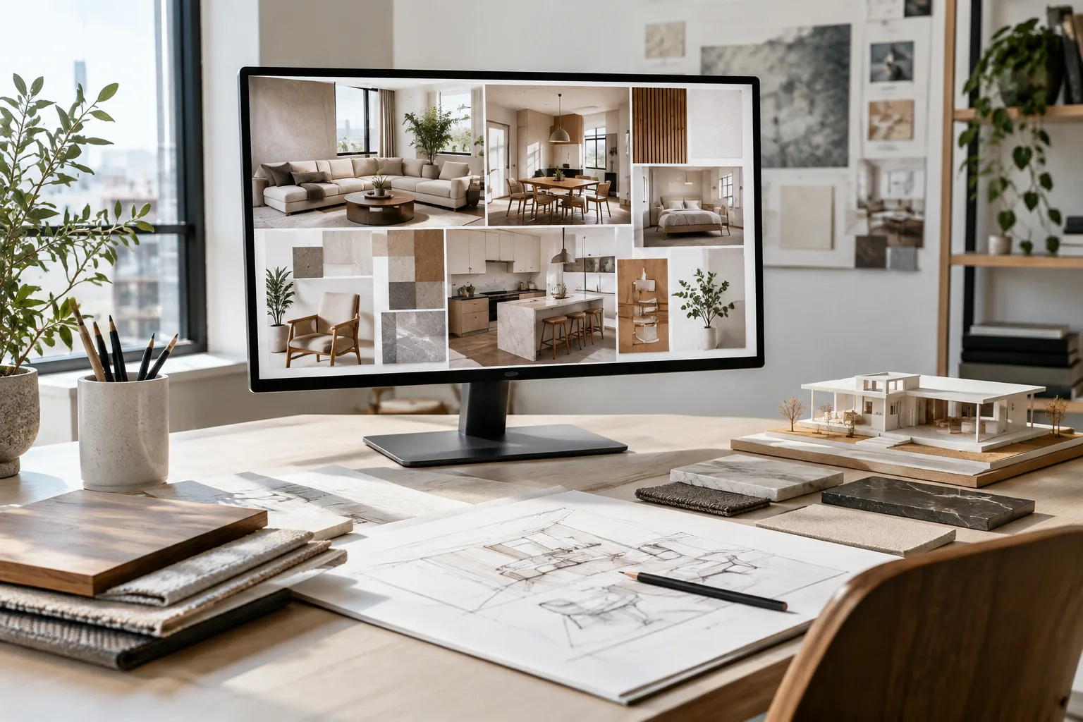 A bright architecture studio reviewing interior concept images