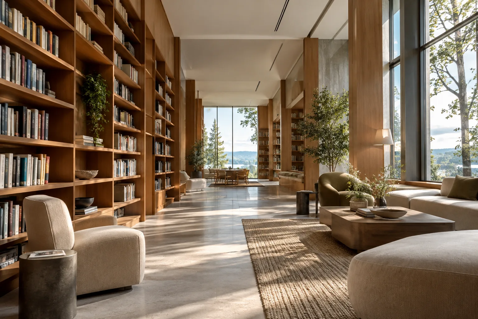 تصور معماري سينمائي لردهة مكتبة معاصرة تغمرها الإضاءة الطبيعية