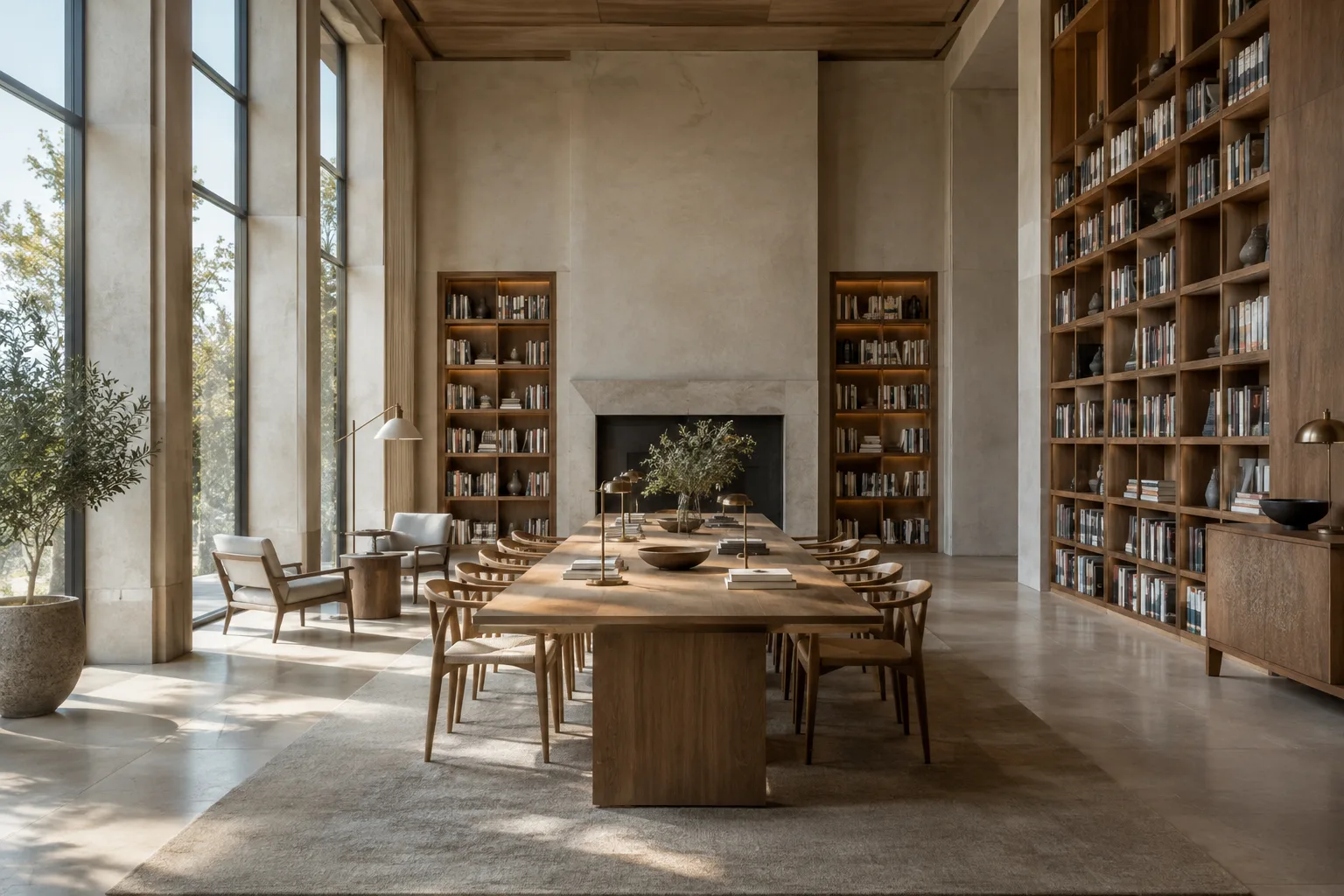 Visualización arquitectónica de una sala de lectura contemporánea con una mesa larga y luz natural suave