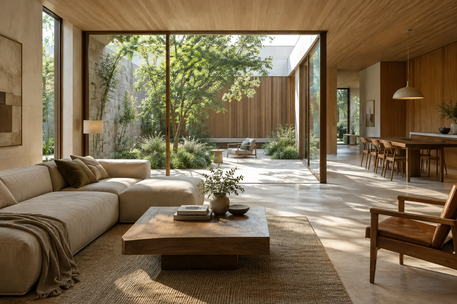 Vue cinématographique d’un intérieur contemporain baigné de soleil et ouvert sur une cour
