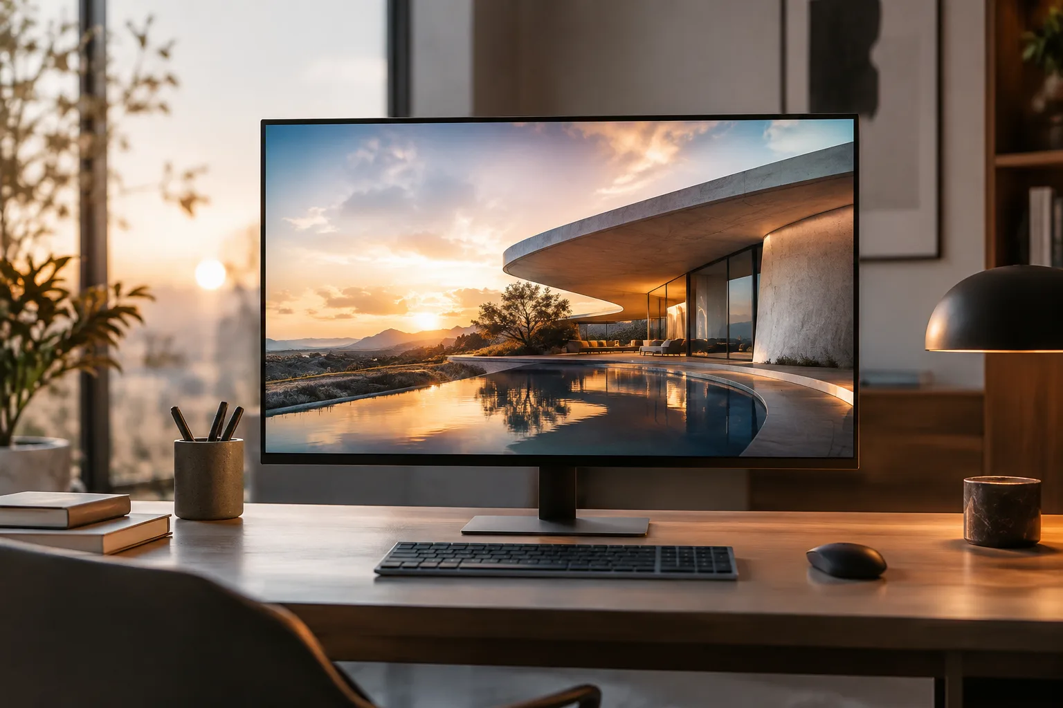 Yapay zeka destekli görsel üretimi çağrıştıran mimari render sahnesi
