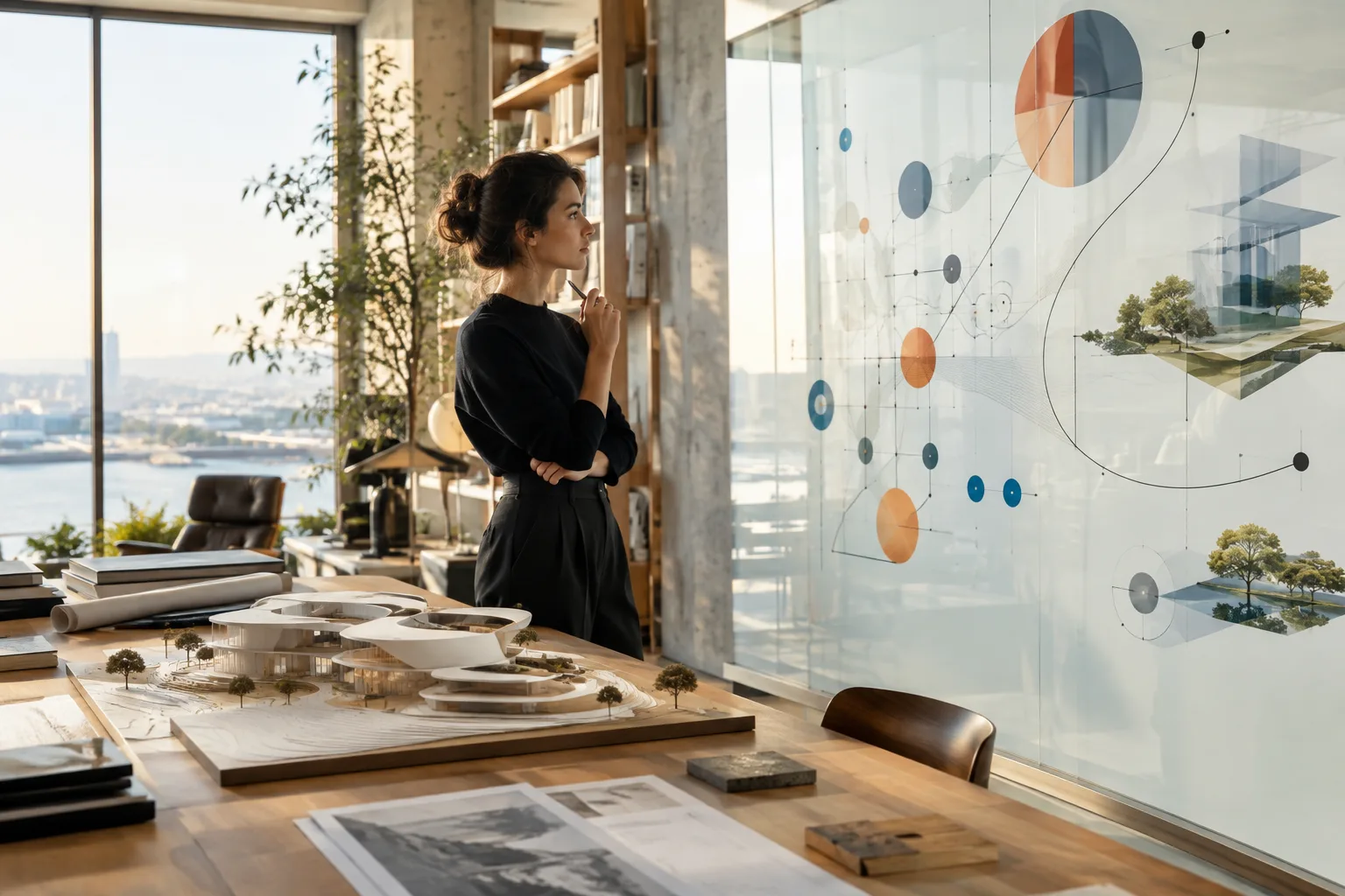 A bright workspace where an architect evaluates a conceptual building design using interactive diagrams