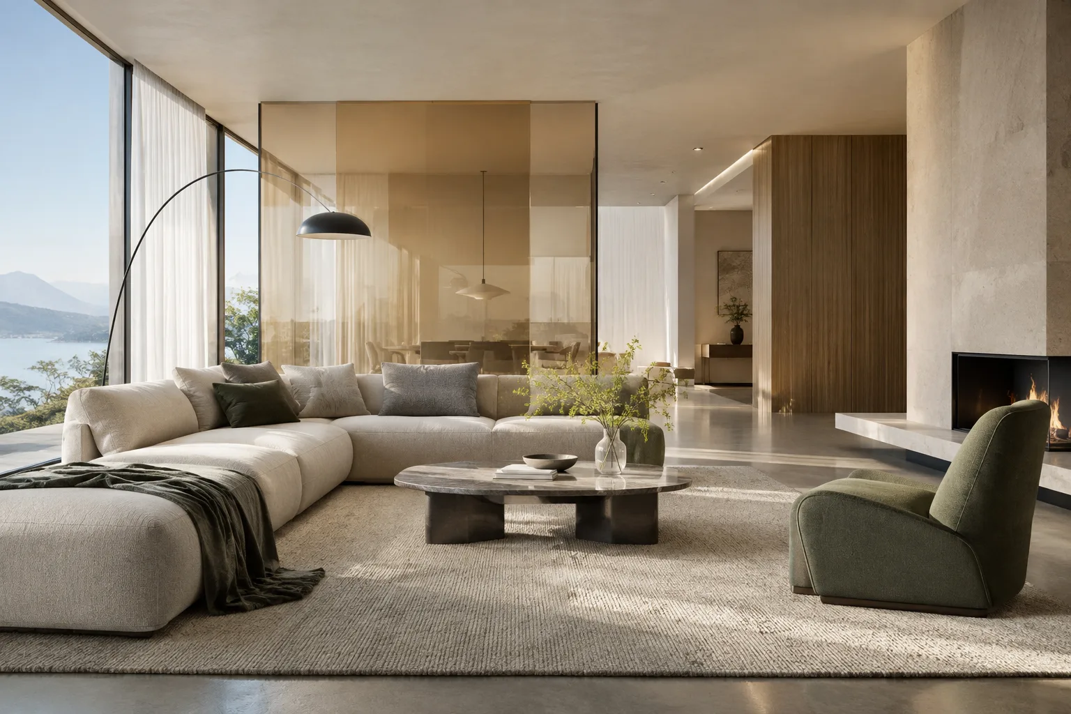 Visualización de un interior contemporáneo que evoca una estructura de escena por capas
