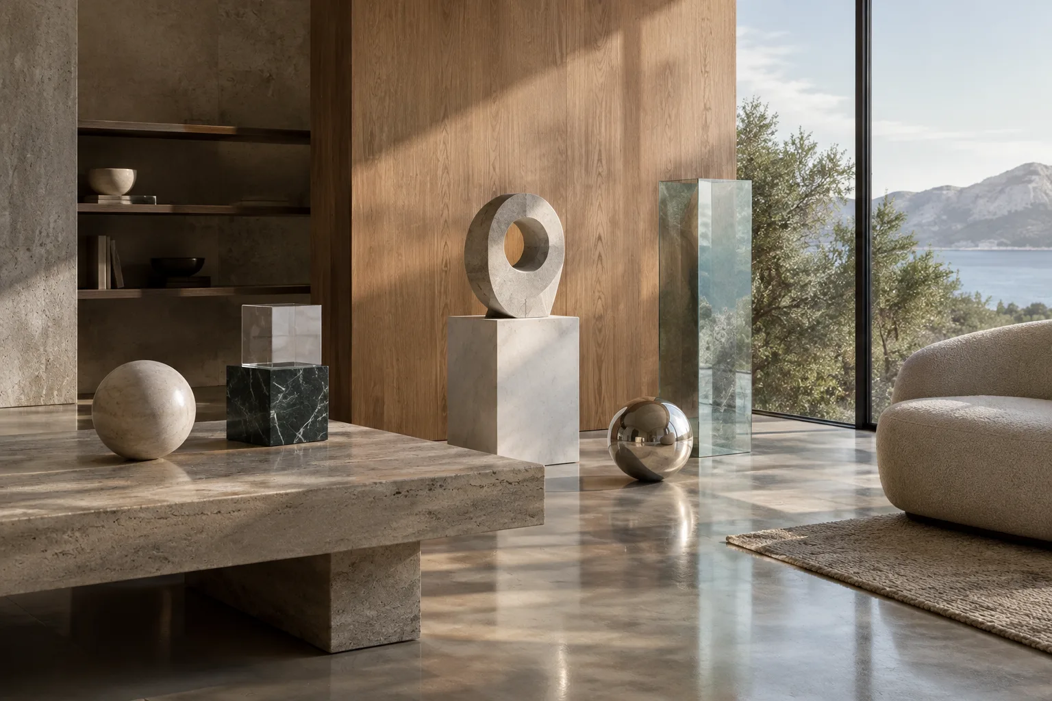 Architectural visualization showing different surface materials in a modern interior filled with daylight